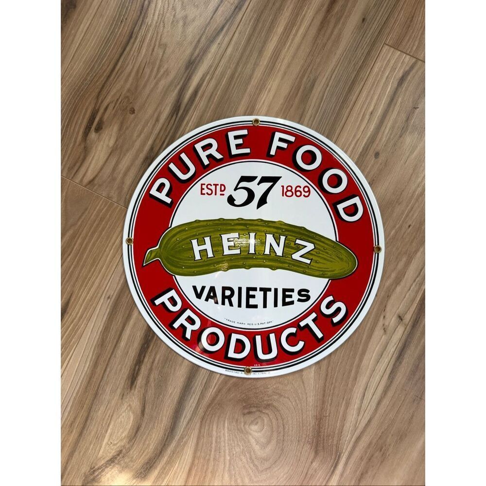 1983 Ande Rooney HEINZ 57 Varieties Pure Food Pickle Porcelain Enamel Sign 11"